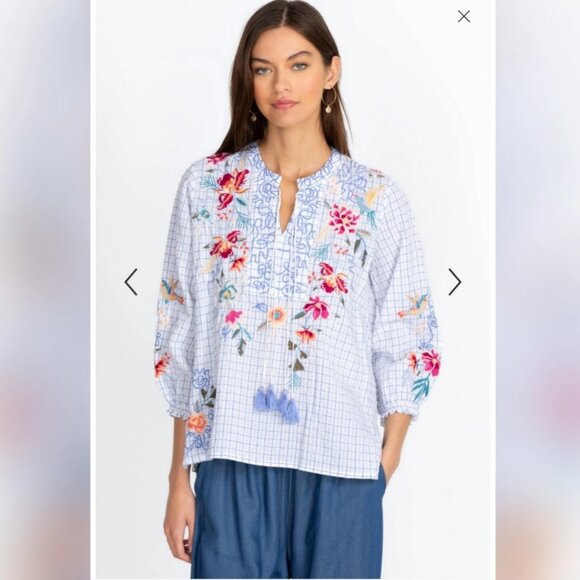 Johnny Was Workshop Miro Tassle Blue White Embroidered Blouse Sz Large MSRP $235 - Picture 1 of 10
